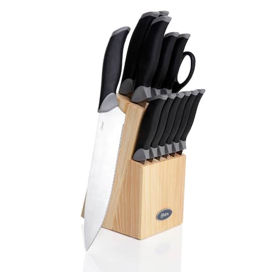 Oster Lindbergh 14 Piece Stainless Steel Cutlery Knife Set with Pine Wood Block in Black | 12" x 10" x 14" | Michaels